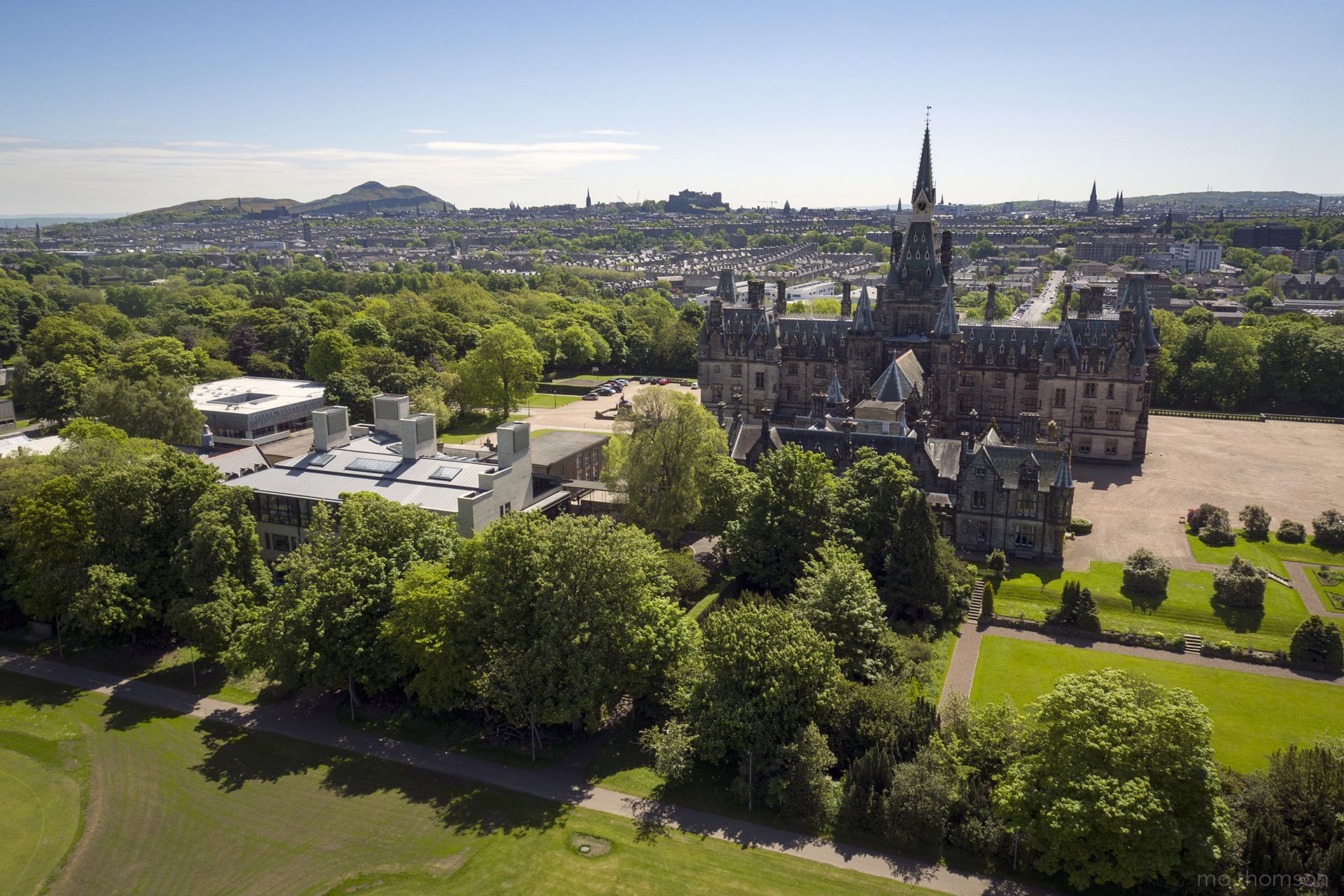 Aerial image showing the back of the main building and Spens