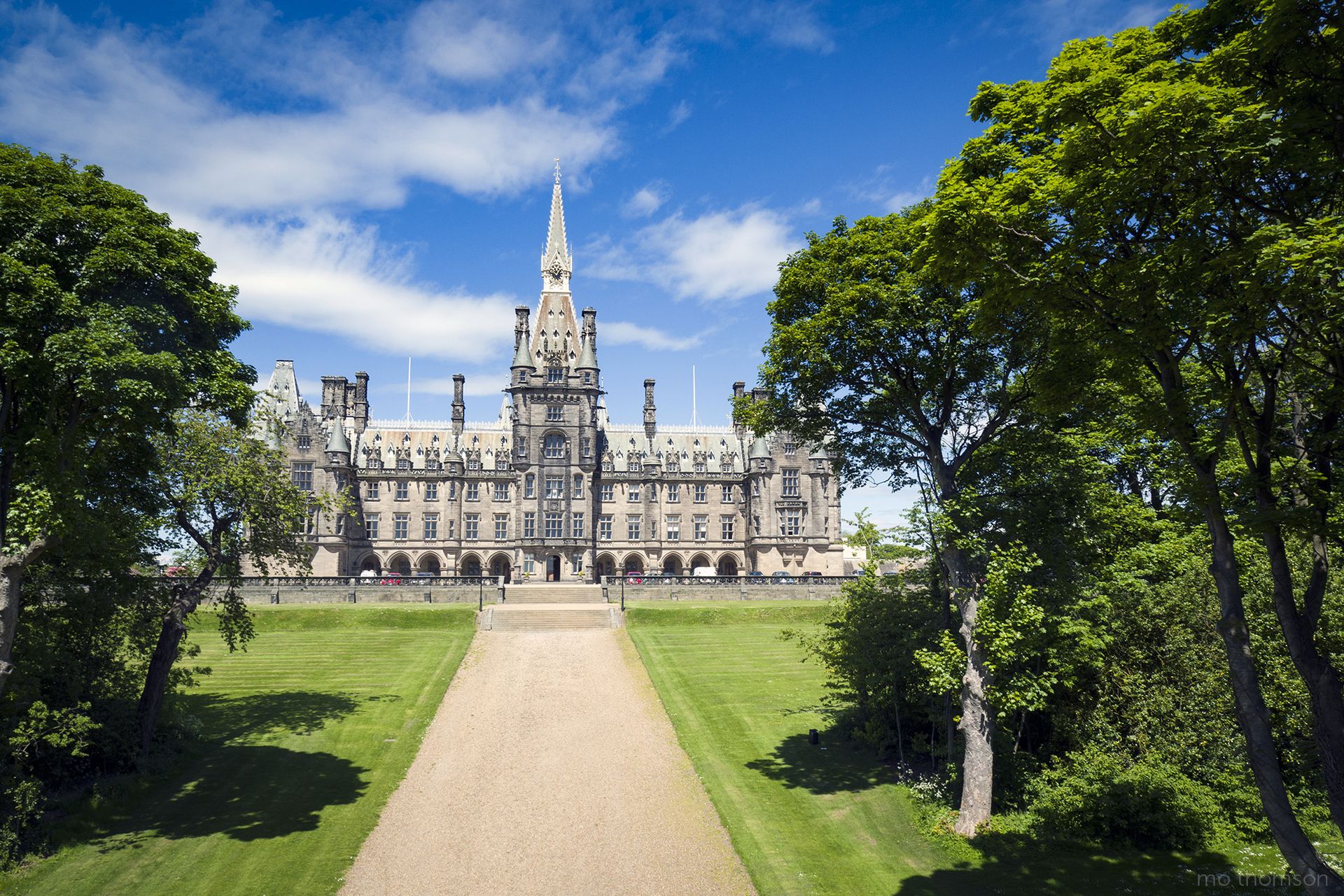 Aerial image showing the front of the main building from the trees
