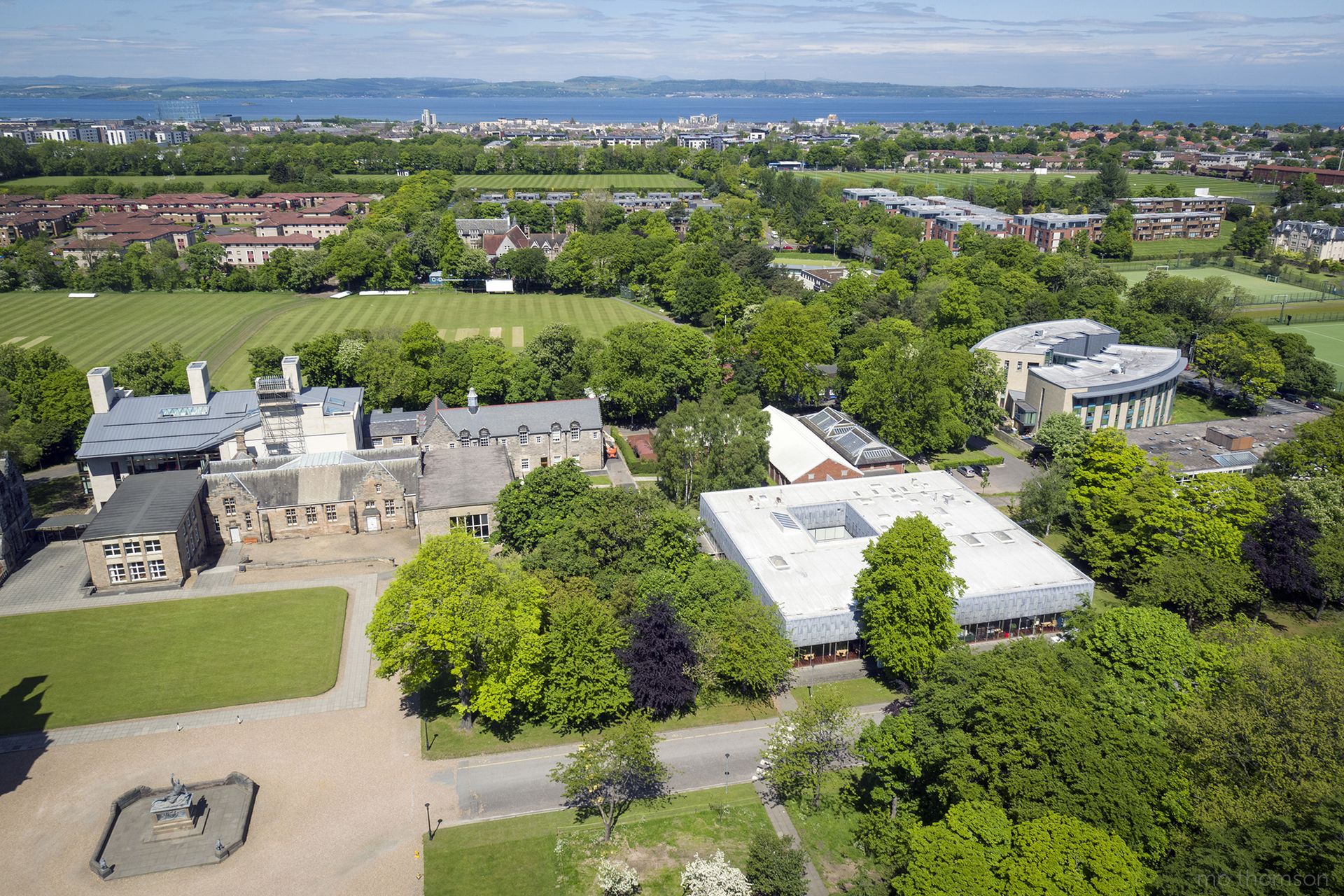Aerial image showing the top of the dining hall and the front of the theatre