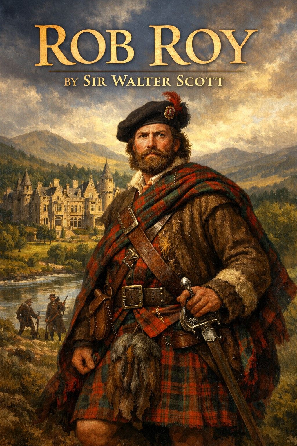 Image of Rob Roy standing in the forefront with a castle in the background. The title "Rob Roy by Sir Walter Scott" is written at the top