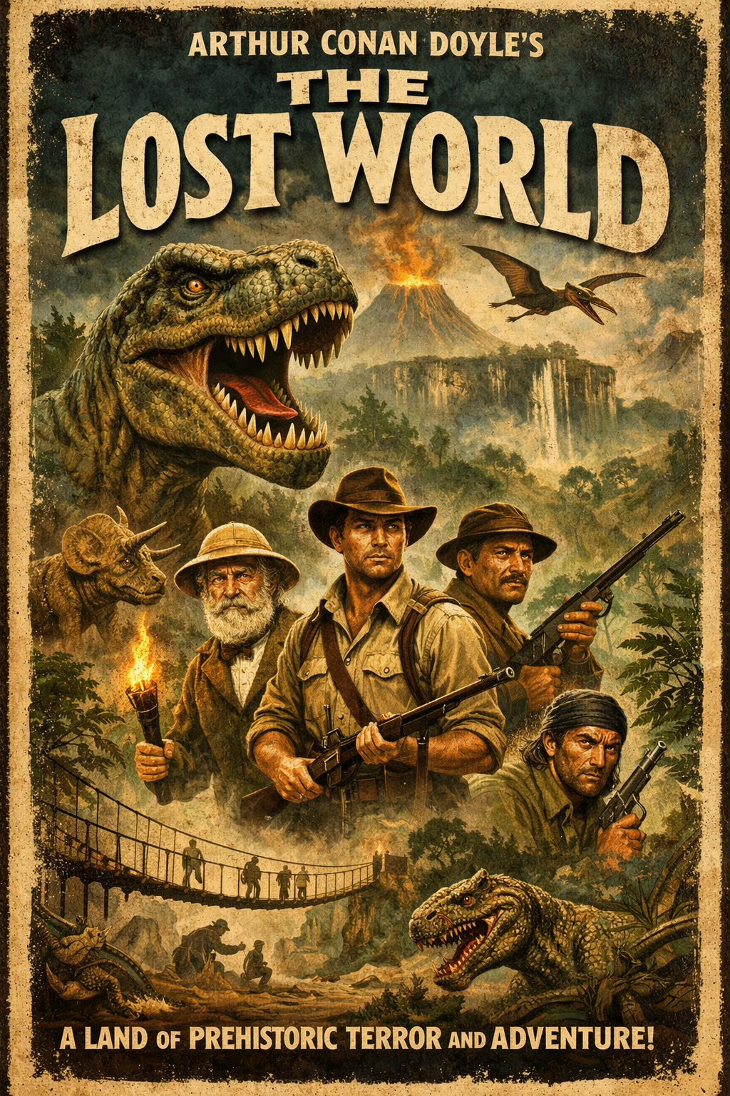 A detailed poster of "The Lost World", by Arthur Conan Doyle. The text "A land of prehistoric terror and adventure!" is inscribed at the bottom.
